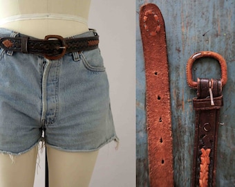 Vintage 70s Brown Leather Woven Boho Belt Small Medium