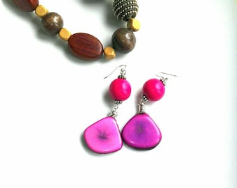 Tagua Nut Earrings. Sterling silver ear hooks. Pink Tagua beaded earrings