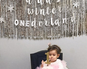 First Birthday Banner, Winter ONEderland Party, Cursive Banner, Silver Sparkle Cardstock,Onederland Party,Custom Name Banner, First Birthday