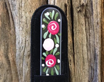 Crystal Glass Nail File - Handpainted Pink Roses on Czech Crystal Glass