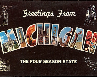 Michigan Four Season State Large Letter Greetings Vintage Postcard (unused)