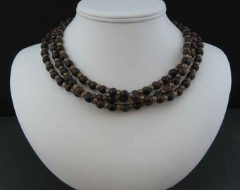 Wood and Iridescent Brown Glass Three-Strand Necklace