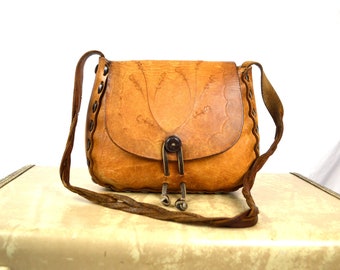 Vintage 1970s 70s Tooled Leather Purse Bag Handbag