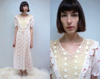 1940s DRESS 40s Dress 1940s Nightgown 1940s Cotton Dress Summer Dress Sheer Floral Dress Day Dress Tea Dress Cotton Lace Dress Sailor Dress