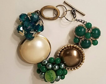 Green bracelet,Repurposed jewelry, Prom jewelry, up cycled, statement bracelet