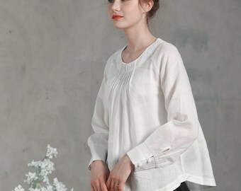 white linen tunic, white linen blouse, longsleeve linen shirt, pintucked neckline top, white linen top, women linen clothes