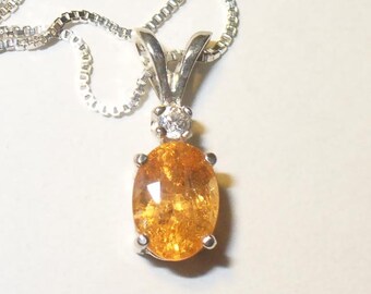 Brilliant Orange Mandarin Spessartine Garnet Pendant in Solid Sterling Silver, Zircon Accent
