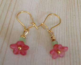 Pink Flower Earrings With A Hint Of Mint Green