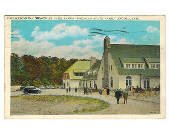 Angola Indiana vintage postcard | Potawatomi Inn, Lake James, Pokagan State Park | 1930s IN travel scrapbook, vacation souvenir