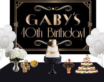 art deco personalized photo backdrop 21st birthday cake