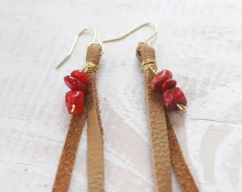 Coral + Reclaimed Leather Earrings