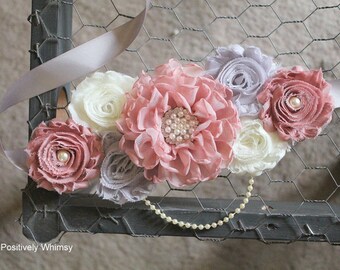 Pink Gray Maternity Sash, Girl Maternity Sash, Pink Maternity Sash, Baby Girl Sash, Dusty Pink, Vintage Pink, Pink Gray Ivory, RTS