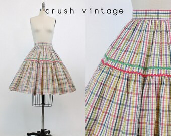 50s Skirt Plaid XS / 1950s Skirt Cotton Full / Rickrack Rally Skirt