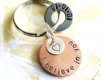 I Believe In You Sobriety Recovery Gift Keychain - Hand Stamped Copper Disc, Sterling Silver Disc and hardware washer - AA