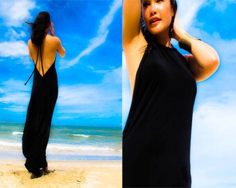 Black Halter open backless long maxi dress sun evening all size