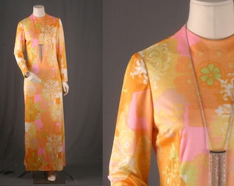 Maxi dress FLoral flowers yellow orange psychedelic bohemian hippie size S small