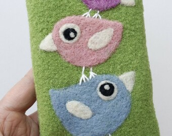 Phone cozy pouch olive green wool needle felted birdie bird birds