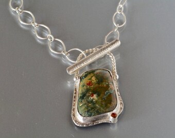 SALE, Forest Jasper Gemstone Necklace Handcrafted in Silver, Green Jasper Stone Necklace, Metalwork Necklace, One of a Kind Necklace