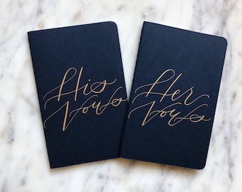 Navy Vow Books with Metallic Ink Calligraphy // Modern Calligraphy, Navy Vow Books, Custom Calligraphy Moleskine Notebooks, Wedding Details