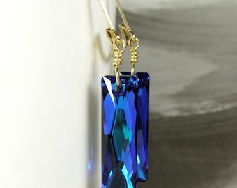 Royal Blue Earrings, Swarovski Crystal, 14k Gold Filled, Long Rectangle Baguette Dangle, Horizon Bridesmaid Gift, Modern Wedding Jewelry