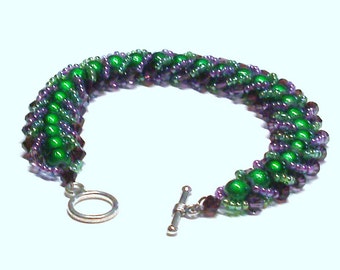 Handmade Beaded Beadwoven Bracelet in Purple and Green