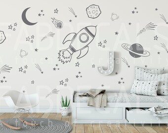 Space Wall Decals, Rocket Decal, Space Ship Decal, Boys Room Decor, Outer Space Decal, Space Wall Mural, Planet Decal, Space Wall Sticker288