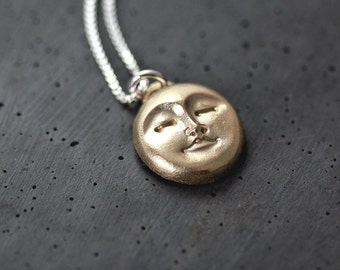 Full Moon Necklace, 10k Recycled Yellow Golden Smiling Man in the Moon Gold Necklace Space Galaxy Jewelry - Serenity - Made to Order