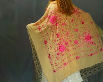 Gorgeous huge silk piano shawl / extra long fringing & hand embroidery / mocha cerise pink oriental square bridal Spanish manton boho magic