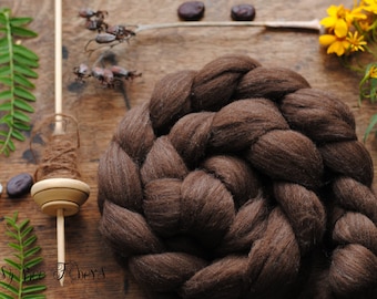 NATURAL BROWN MERINO Undyed Wool Roving Combed Top for Spinning, Felting fiber - 4 oz