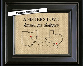 FRAMED A SISTERS Love Personalized Gift for Sister Long Distance Map Print Gift from Brother Sister Birthday Gifts Mother's Day Gift