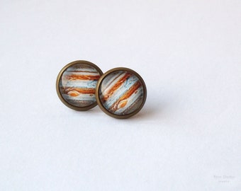 Jupiter Stud Earrings, Sagittarius Ruling Planet Post Earrings, Space Solar System Glass Domes Earrings, Cosmic Earrings Planetarium Jewelry
