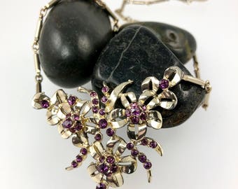 Purple Rhinestone Flower Statement Necklace, Vintage 1950's Jewelry, Mother of the Bride