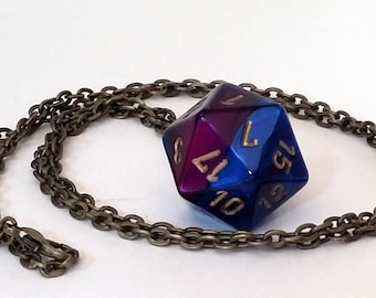 Purple Dice Pendant Necklace - Purple and Blue Swirl D20 Twenty Sided Dice Jewelry - Geeky Gamer Jewelry