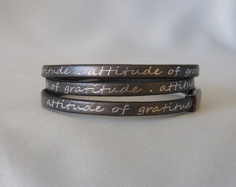 Inspirational Gunmetal Leather Wrap Bracelet