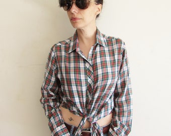 Vintage Mens 70s Large Thin Plaid Western Shirt