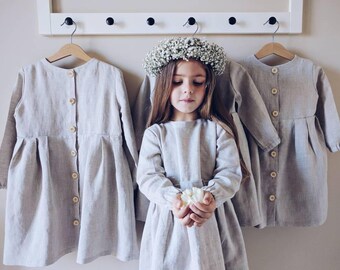 Linen dress girls, linen dress with wooden buttons, cute linen dress girl, linen wear, girl dress, baby dress, linen baby, flower girl dress