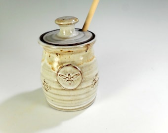 Ceramic honey dipper pot, pottery honey jar, stoneware honey jar with dipper stick, pottery honeypot, ceramic honey pot with bee