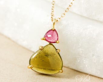 Gold Fuschia Pink & Lime Green Tourmaline Necklace - Tourmaline Teardrop Pendant - 14Kt Gold Filled