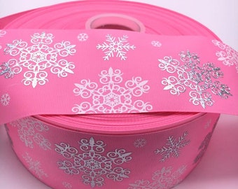 Christmas Snowflake white silver pink 3" 75mm 3 Inch Width Grosgrain Ribbon