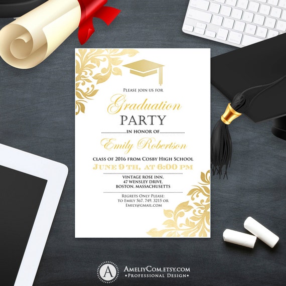 graduation party invitation template printable gold foul girl
