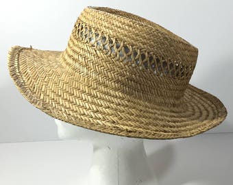 Vintage Dorfman Pacific Straw Gamblers Hat - Wide Brim Natural Raffia Summer Sun Hat - Men's Size L