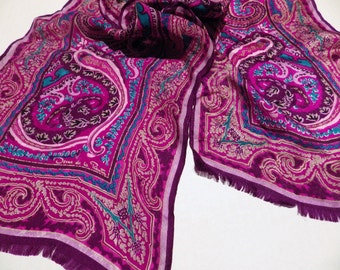 1980s Vintage Oscar de la Renta Silk Scarf Rectangular Paisley Purples Blue White