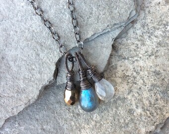 LABRADORITE, MOONSTONE, and PYRITE charm necklace, multi gemstone jewelry, Sterling silver, Angry Hair Jewelry, handmade