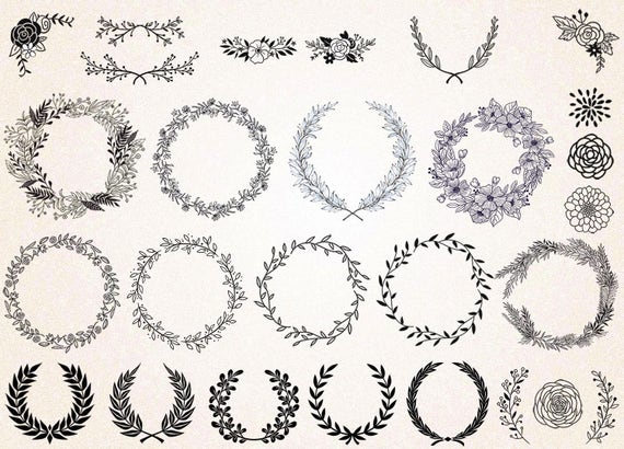 Download 27 x Vintage Laurel Wreath Clipart/Black and White Wreath/Flower Ornaments Clipart/Wreath SVG ...