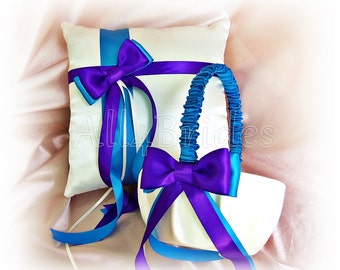 Regency purple and turquoise / malibu wedding ring pillow and flower girl basket. Ceremony ring cushion and basket set.