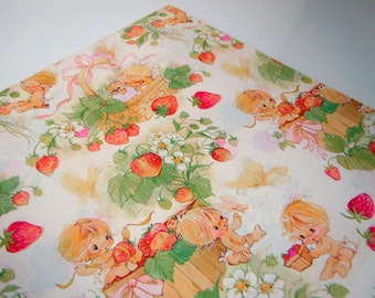 Vintage 1978 Baby Shower Wrapping Paper Red Green Strawberry Congratulations New Baby Gift Wrap