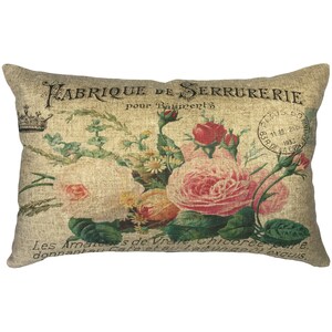 French Flowers Throw Pillow, Linen Lumbar Pillow, Cottage