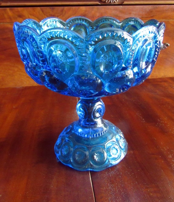 Footed compote blue Moon and Stars Glass - L.E. Smith