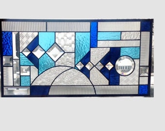 Stained glass panel window geometric blue aqua abstract stained glass window panel window hanging transom 0343 22 1/2 x 11 1/2