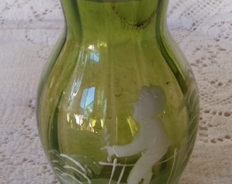 Green glass vase with Mary Gregory style painted picture